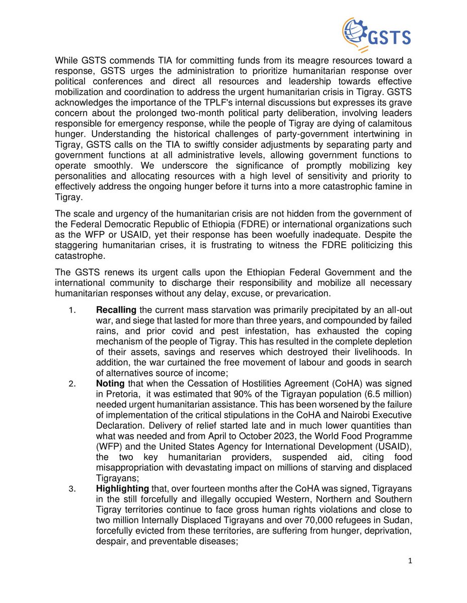 Tigrai_TV's tweet image. GSTS Calls for Famine Declaration in #Tigray
—-
In a correspondence issued on Thursday, the Global Society of Tigray Scholars and Professionals (GSTS) calls on the Federal Democratic Republic of Ethiopia (FDRE) to officially declare famine in Tigray and take decisive action to