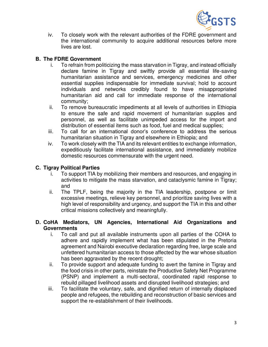 Tigrai_TV's tweet image. GSTS Calls for Famine Declaration in #Tigray
—-
In a correspondence issued on Thursday, the Global Society of Tigray Scholars and Professionals (GSTS) calls on the Federal Democratic Republic of Ethiopia (FDRE) to officially declare famine in Tigray and take decisive action to