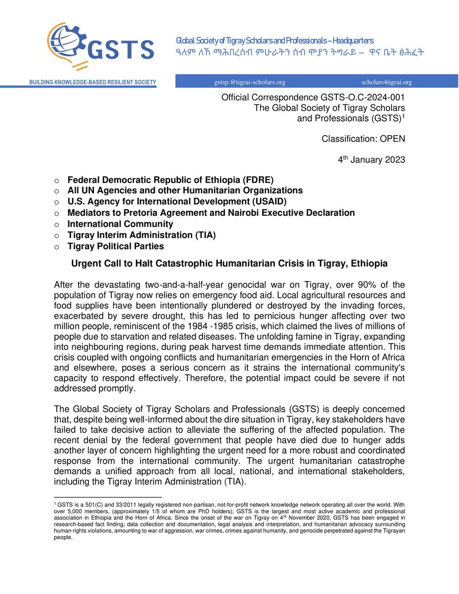 Tigrai_TV's tweet image. GSTS Calls for Famine Declaration in #Tigray
—-
In a correspondence issued on Thursday, the Global Society of Tigray Scholars and Professionals (GSTS) calls on the Federal Democratic Republic of Ethiopia (FDRE) to officially declare famine in Tigray and take decisive action to