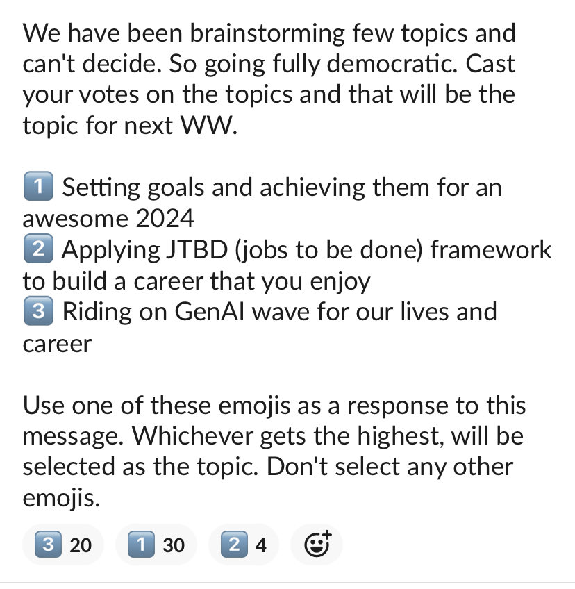 At ⁦@netsolutions⁩, we have a monthly training program. 

This month I was asked to take the session. Couldn’t decide the topic. 

I asked the team to vote. They have spoken.

I will be talking about goals and achieving them. 

#organisationaldevelopment