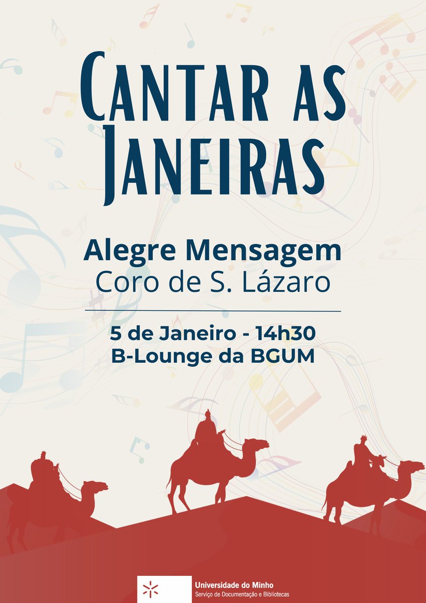 O convite está feito... Cabe-te a ti passares por lá! 😉

🎵 Celebra as tradições e o novo ano esta tarde, a partir das 14h30, numa das @bibliotecasUM 📚

O coro 'Alegre Mensagem' de S. Lázaro vem cantar as Janeiras com a comunidade da UMinho no espaço B-lounge.

A não perder! 🎶