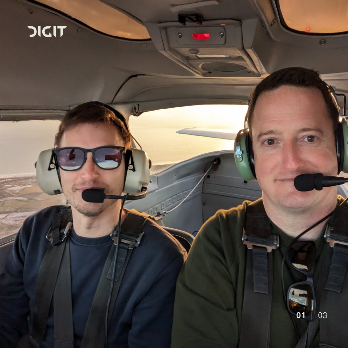 wearedigit's tweet photo. After getting lucky in a raffle of Digit directors' skills, developer James was taken soaring above the South Downs in a #Cessna152 by Director Stuart, starting in Shoreham and ending up in Devon.  A few mild g-maneuvers made sure James got the full ‘Danger Zone’ experience ✈️ https://t.co/s2zr90vsIe