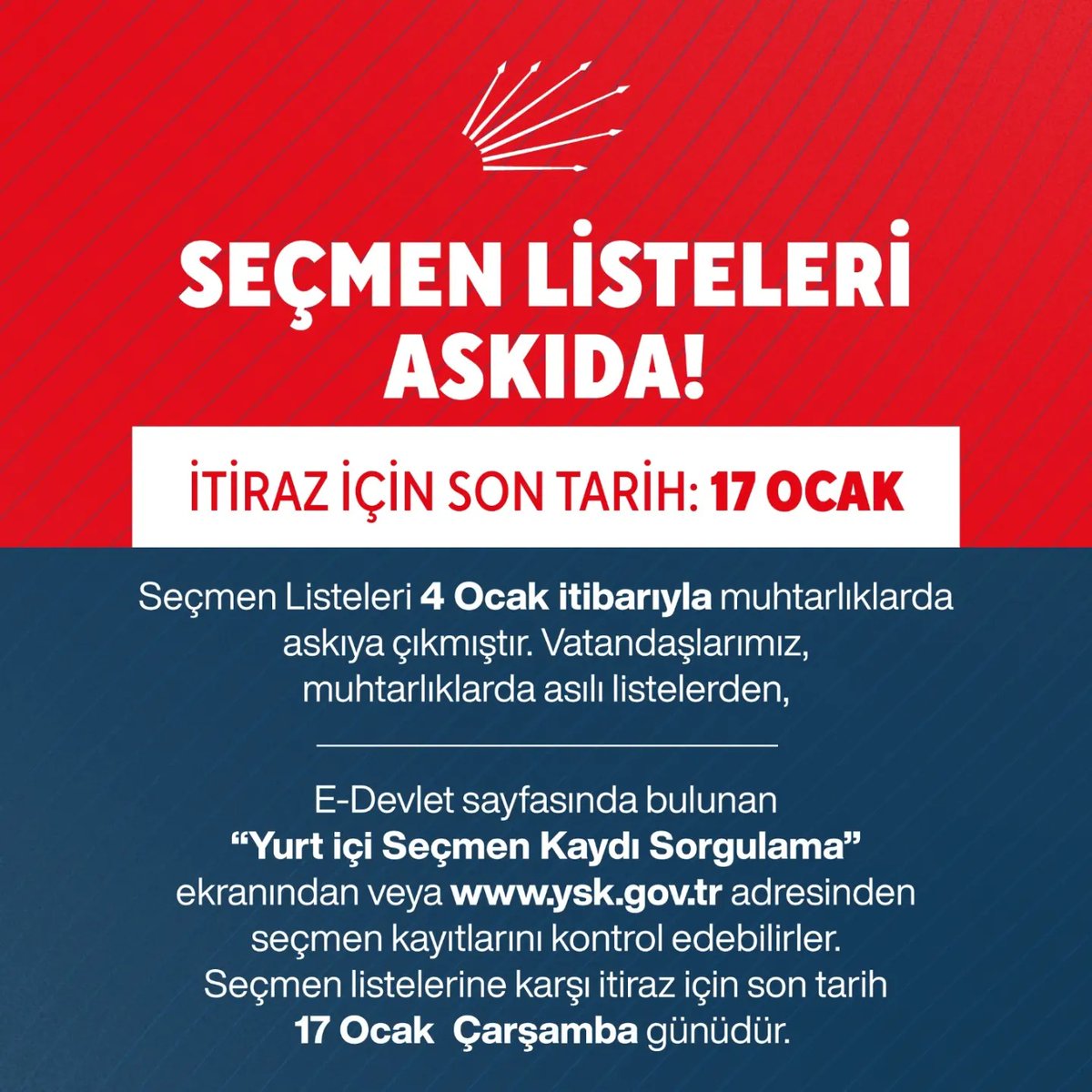 Tüm Vatandaşlarımıza duyurulur!
Seçmen Listeleleri 4 Ocak itibarıyla muhtarlıklarda askıya çıkmıştır. Vatandaşlarımız, muhtarlıklarda asılı listelerden, E-Devlet sayfasında bulunan "Yurt içi Seçmen kaydı Sorgulama" ekranından veya ysk.gov.tr adresinden seçmen