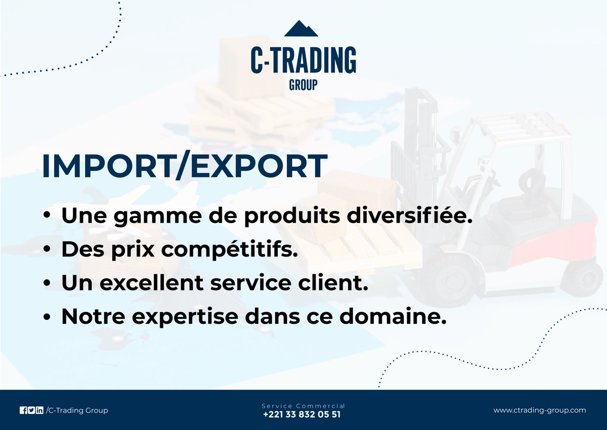 CTradingGroup1's tweet photo. Notre entreprise est spécialisée dans l'importation et l’exportation de matières premières✈️🚛

Nous pouvons vous aider à trouver les produits les plus adaptés à votre marché...🧺

Et à vous fournir un service de qualité à un prix compétitif✅💸

#ctrading #commerce #importexport https://t.co/WshTuxWbR1