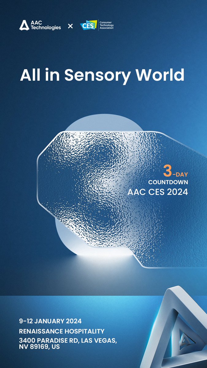 AACTechnologies's tweet photo. 3-Day countdown to CES 2024!  
AAC Technologies is set to unveil a host of sensory experience technology products to CES! 
Stay tuned for the big reveal!
#CES2024#sensory experience solutions https://t.co/BzmIlpc2jL