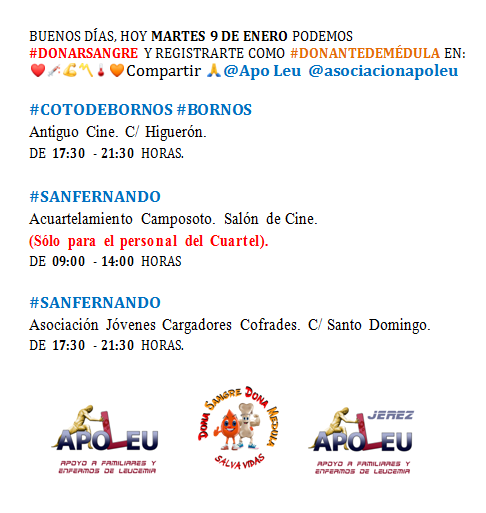 ApoLeuJerez's tweet photo. MARTES 9 DE ENERO PUEDE #DONARSANGRE Y REGISTRARSE COMO #DONANTEDEMÉDULA
@ApoLeu EN ❤️💉💪〽️🌡🧡 RT🙏

#BORNOS #COTODEBORNOS
@AytoBornos @guadabornos @reylabert @CrisPasReal @IUBornos @carolina_gemela @noemi_palomares @Cristinagemely

#DONASANGRE #DONAMÉDULA #SALVAVIDAS https://t.co/av5r1JU4il
