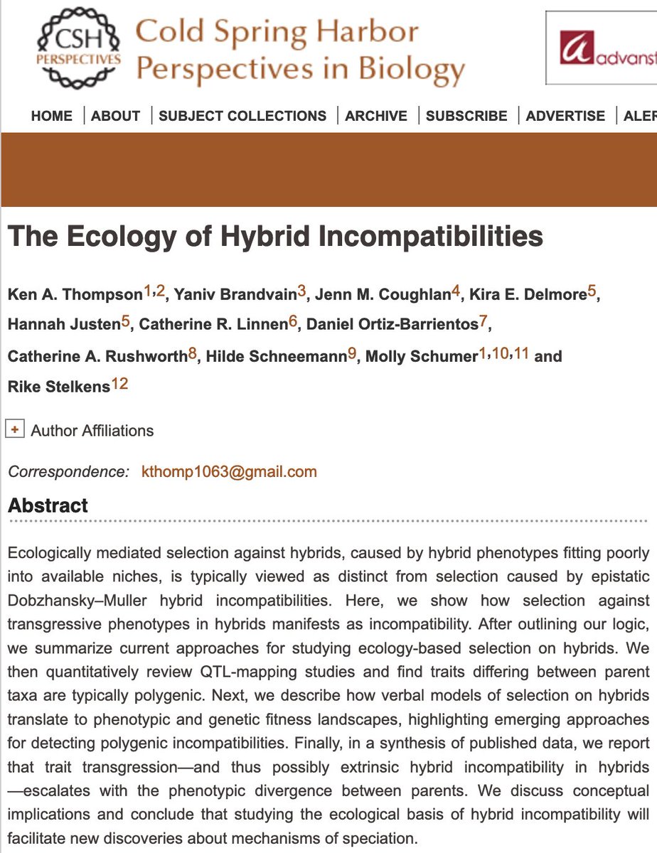We have a new paper out on the ecological basis of hybrid incompatibilities! We argue, via literature review, two meta-analyses, and simulations that epistatic incompatibilities might underlie much of what is known as 'extrinsic' post-zygotic isolation cshperspectives.cshlp.org/content/early/… 1/n