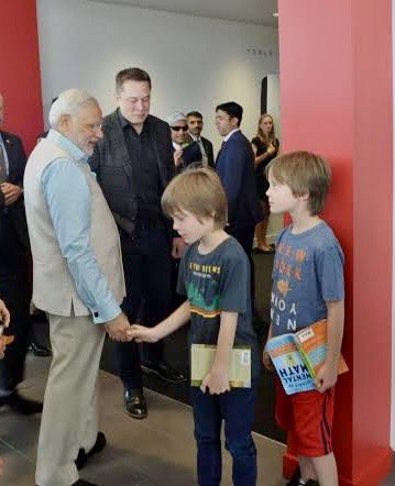 Elon Musk &amp; his kids with the Prime Minister of India, Narendra Modi.