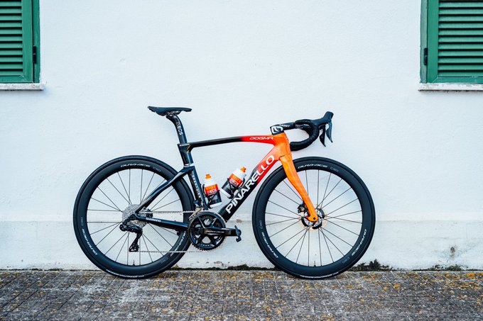 A side view of our new Pinarello against a white wall.