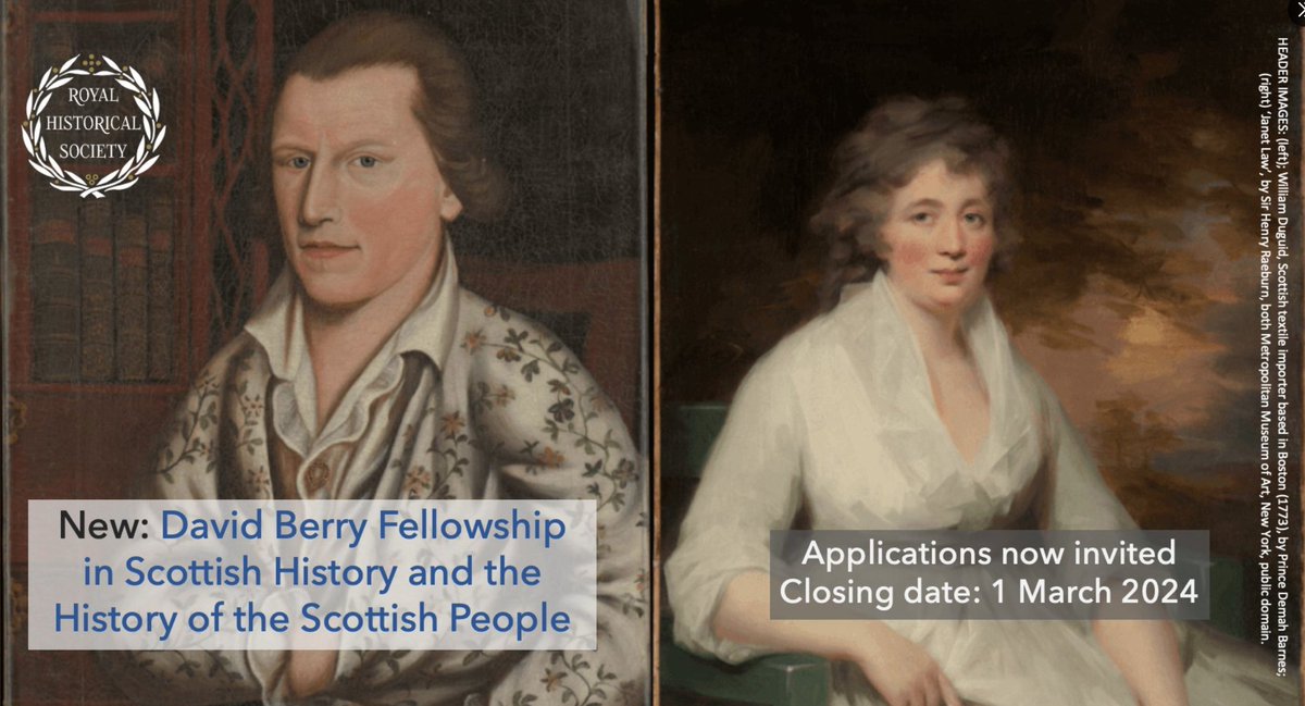 Applications are also invited for @RoyalHistSoc's new 'David Berry Fellowship in the History of Scotland and the Scottish People': bit.ly/488QWzk £2,500 to support research in the coming year. Closing date Friday 1 March 2024 #twitterstorians.