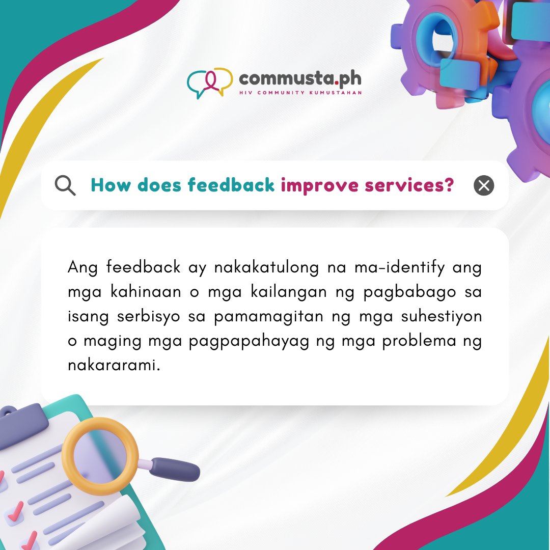 Paano napapabuti ng feedback sa serbisyong pang HIV? Alamin ang sagot dito!

May say ka dito!

#CommustaPH
#MaySayKaDito
#ShareMoLang
#ZeroStigma
#StopDiscrimination
#ActNow