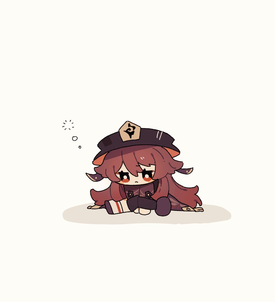 hu tao (genshin impact) 1girl hat brown hair solo chibi long hair sitting  illustration images