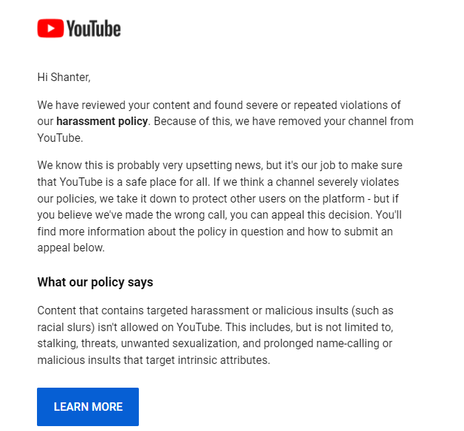 Shanterlol's tweet photo. They've been taking down my videos for months now, I understand that youtube has changed but you've removed my full channel of over 2m+ views, hundreds of videos and memories. @YouTube @TeamYouTube rip shanter. :( https://t.co/aeKsONvC6c