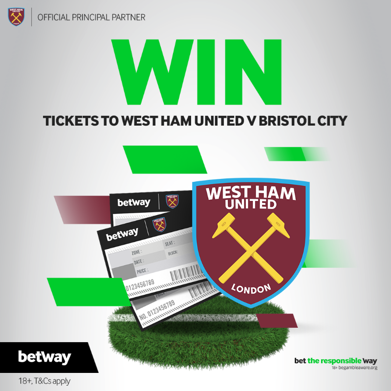 betway's tweet photo. We have tickets to give away for @WestHam v Bristol City on Sunday! ⚒️

For a chance to win:
🖱️ Follow us @betway
🔄 Repost this tweet

We’ll announce the winners later today.