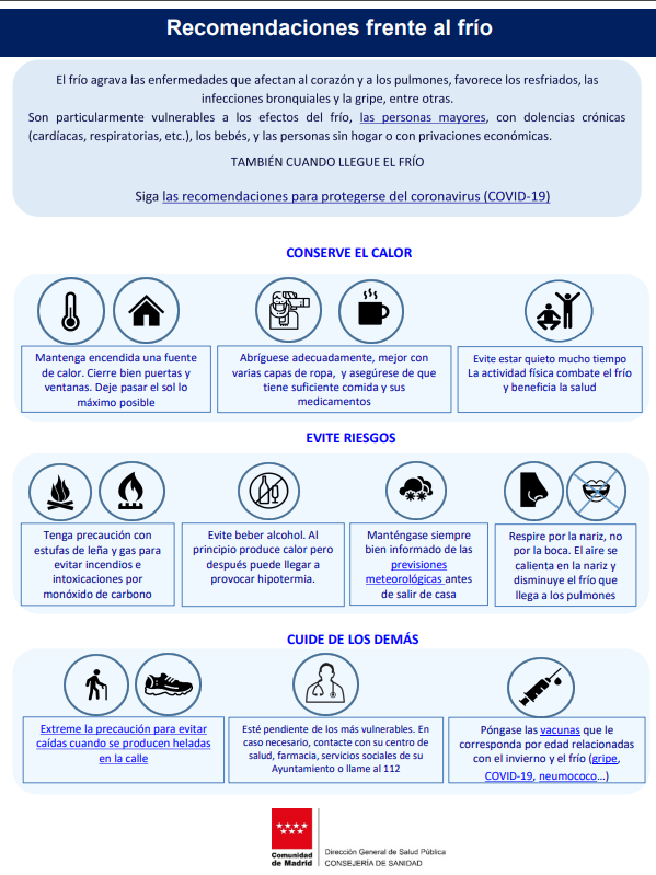 SaludMadrid's tweet photo. ❄️ La @ComunidadMadrid activa la alerta por frío. Se prevén temperaturas de hasta -3,3º para este lunes 8.

✔ Recuerda seguir los consejos de Salud Pública y proteger a los más vulnerables. 

✔ Extrema la precaución para evitar caídas.

+ info: https://t.co/GwratWfX0Y https://t.co/aWj9gaKlR1