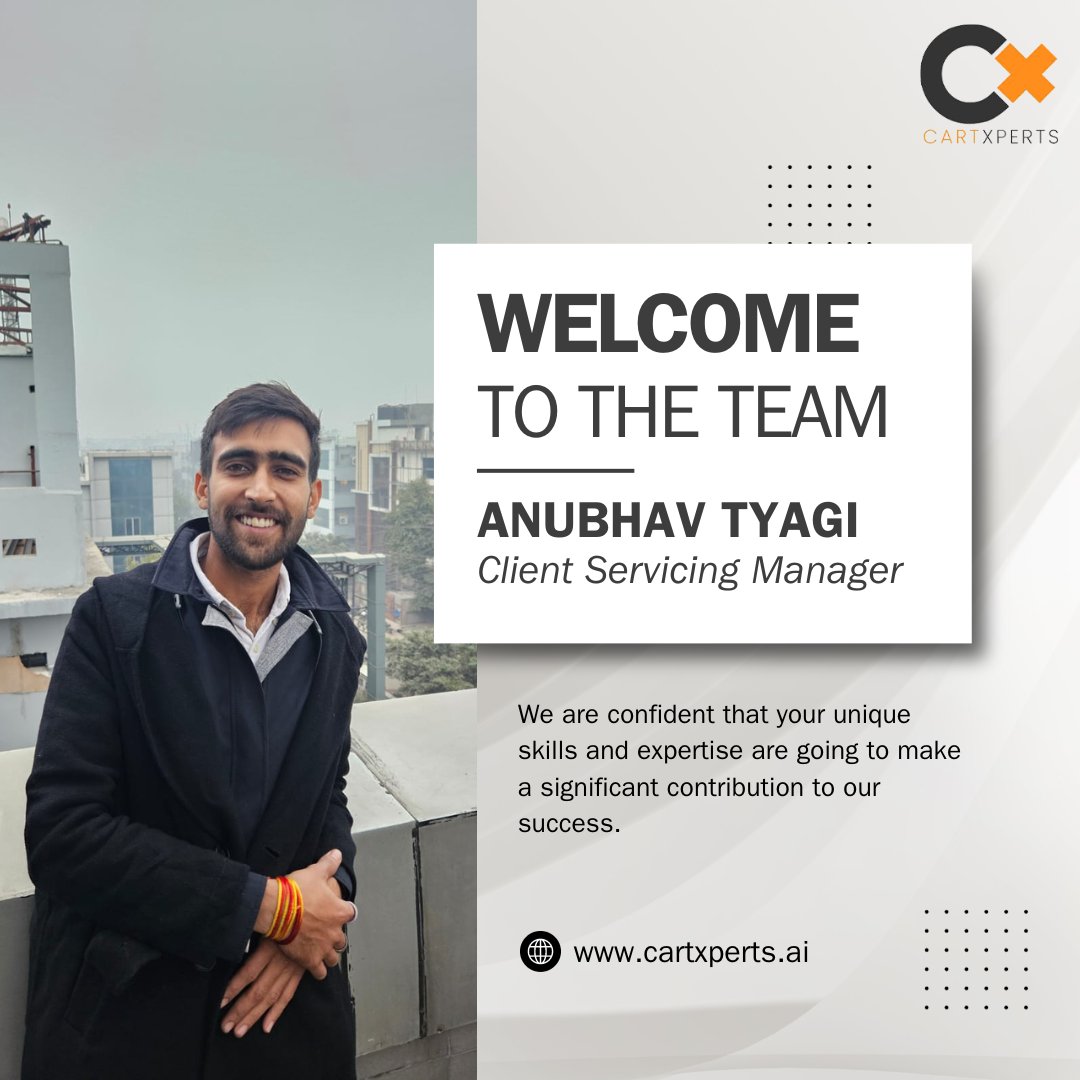 infocartxperts's tweet image. Thrilled to #welcome our newest team member! Join us in extending a warm welcome to Anubhav Tyagi - the latest addition to our incredible family. We believe in growing together and fostering a culture of collaboration, innovation, and success.

#CartXperts #teamwork
