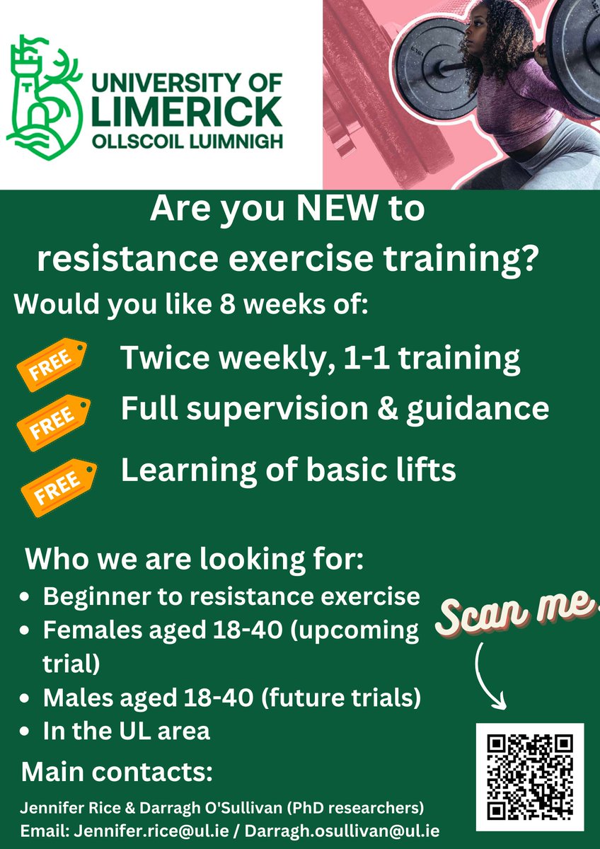 We are recruiting again for another round of FREE resistance exercise training here in UL! If you know of any beginners to resistance exercise who would like to learn the fundamental movements in a safe and controlled environment please share!! unioflimerick.eu.qualtrics.com/jfe/form/SV_cF…