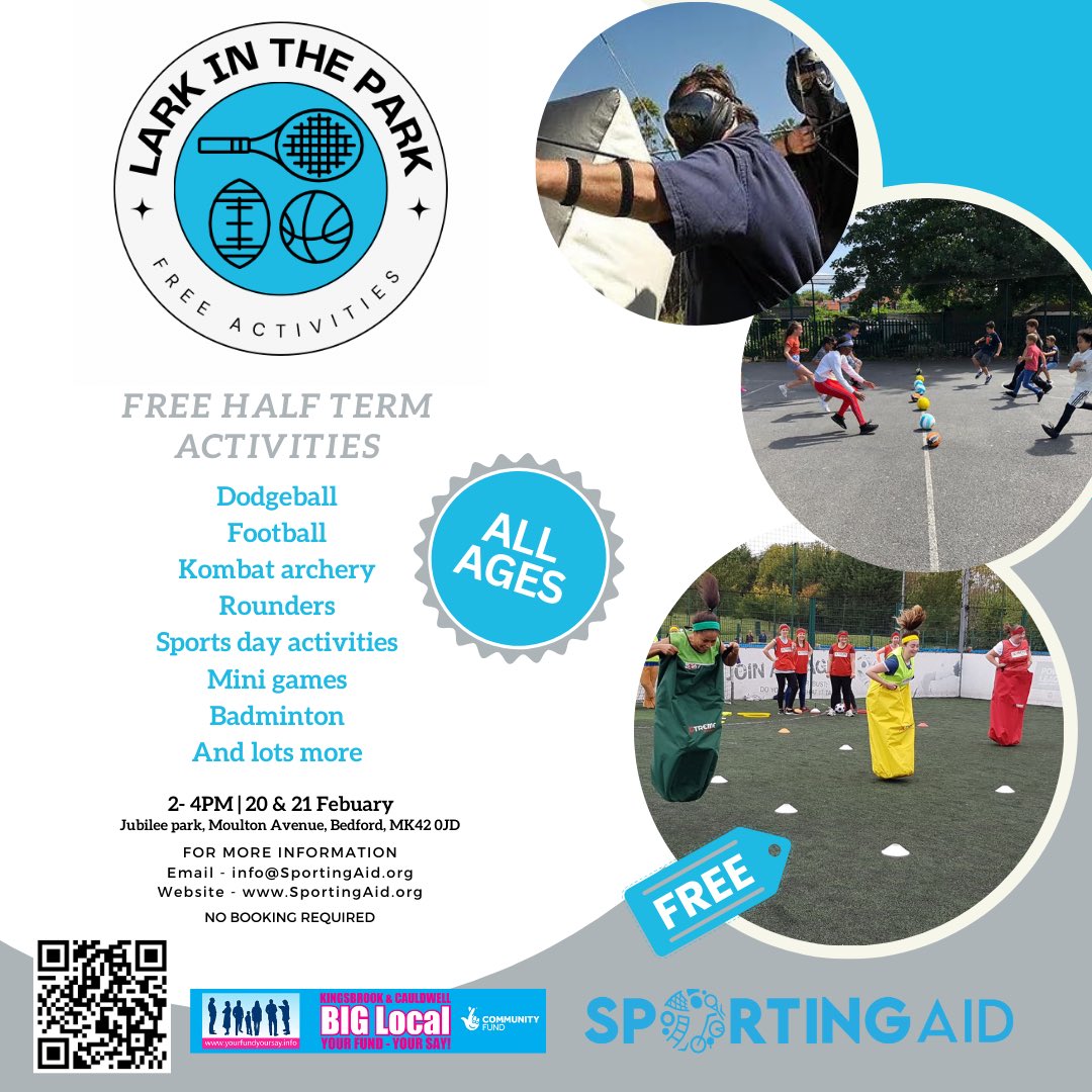 Sporting Aid are happy to announce “Lark in the Park” at Jubliee Park, #Bedford. A FREE sports day for young people and families to engage in various sports activities outdoors. 

Just turn up and play.

#SportingAid | SportingAid.org