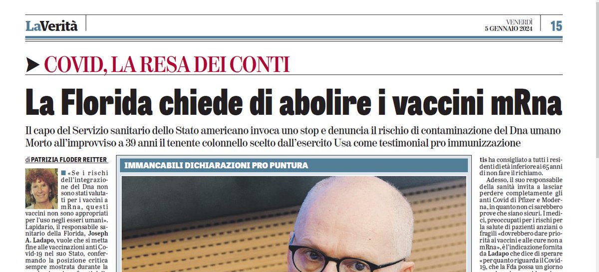 Non vegono forniti dati sulla loro sicurezza, perciò in Florida si dice stop ai #vaccinianticovid a mRna. E #morteimprovisa a 39 anni del militare simbolo delle #vaccinazioni negli States @LaVeritaWeb