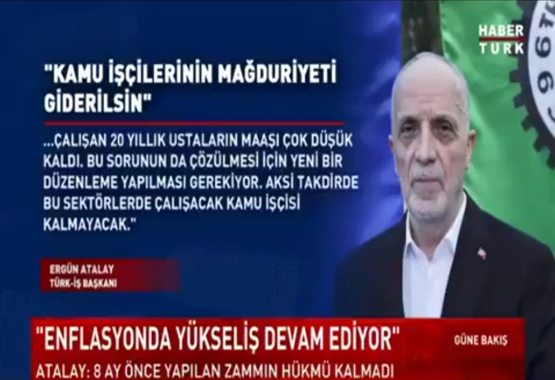 🔹<a href="/turkiskonf/">TÜRK-İŞ</a> Başkanı Ergün Atalay: 

“Enflasyonda yükseliş devam ediyor. Alım gücü geriledi. 8 ay önce yapılan toplu sözleşmenin (KÇP) hükmü kalmadı. Kamu işçilerinin mağduriyeti giderilmelidir." dedi.#SeyyanenZam
#İsciye8binSeyyanen