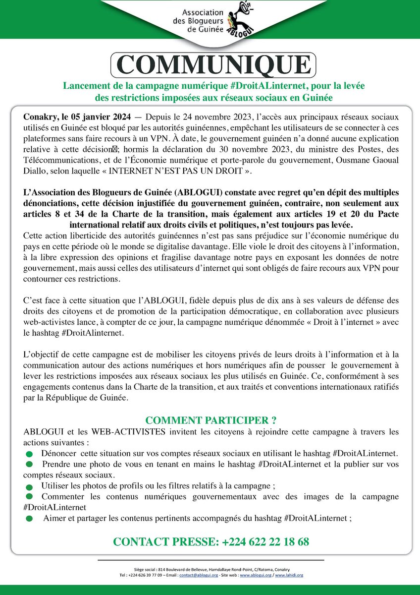 FacelyKonate1's tweet photo. #DroitALinternet | Tous les citoyens sont invités à rejoindre cette campagne à travers les actions survantes :
▪️Dénoncer cette situation sur vos comptes réseaux sociaux en utilisant le hashtag #DroitALinternet
▪️Prendre une photo de vous en tenant en mains le hashtag #DroitALinternet et la publier sur vos comptes réseaux sociaux
▪️Utiliser les photos de profils ou les filtres relatifs à la campagne
▪️Commenter les contenus numériques gouvernementaux avec des images de la campagne #DroitALinternet
▪️Aimer et partager les contenus pertinents accompagnés du hashtag #DroitALinternet
Merci de partager ce message 🙏
#Guinée