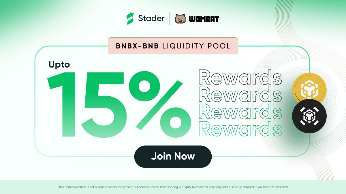 Boost your #BNB liquidity by upto 15% DeFi rewards. 💰 With the BNBx-BNB pool on @WombatExchange It's time to use your BNB, capital efficiently. Join Now: bit.ly/3NT3fIt