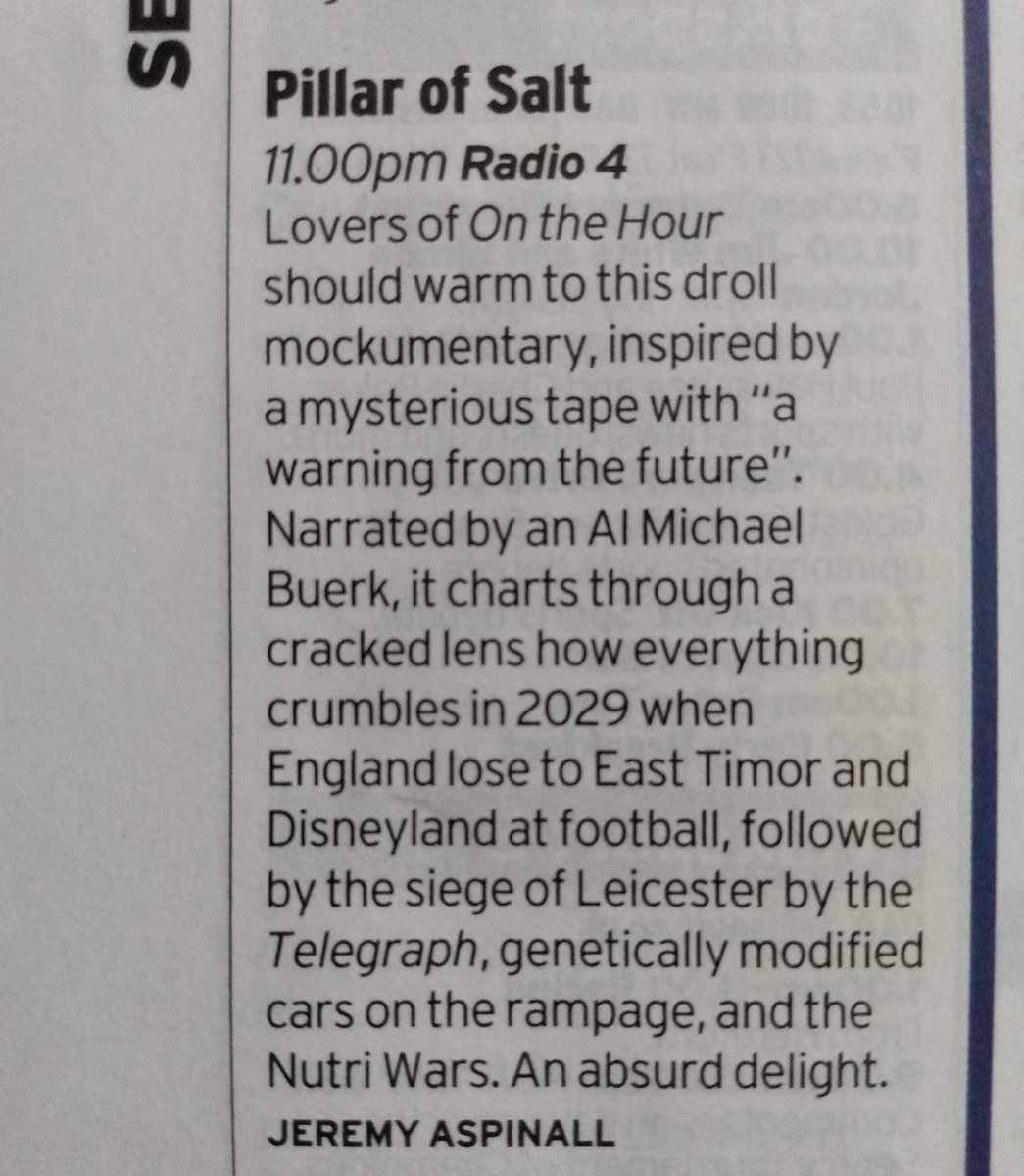 Rub your ears on #PillarOfSalt tonight on @BBCRadio4 for an exclusive preview of humanity's frightening, flavourful, football-filled descent into oblivion. It's like Endgame but with fewer dustbins and more Jeremy Vine. Enjoy. And don't say you weren't warned.