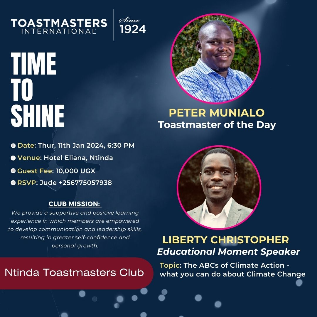 Ready to kick off the new year with confidence? 
Our very own Munialo Peter takes the spotlight as #TMOD, sharing his tips for mastering public speaking.

Register now & RSVP: bit.ly/NtindaTM | +256775057938
#GMToastmasters #NtindaToastmasters #NewYearNewSkills