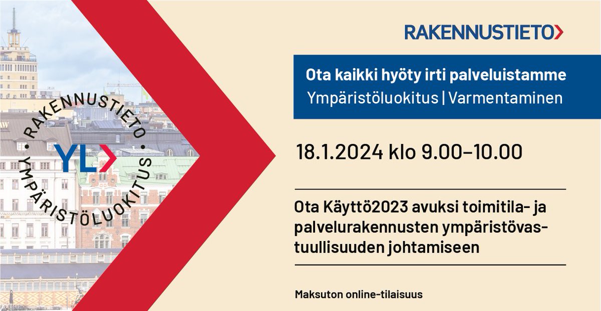 Ota Käyttö2023 avuksi toimitila- ja palvelurakennusten ympäristövastuullisuuden johtamiseen ja ilmoittaudu maksuttomaan webinaariin 18.1.2024!

Lue lisää ja ilmoittaudu rakennustieto.fi/tapahtumat/ota…

#rakennustieto #ympäristöluokitus #käyttö2023