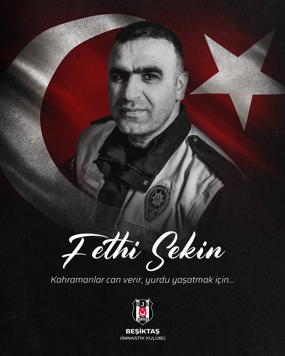 Besiktas's tweet photo. 7 yıl önce İzmir Adliyesi’nde gerçekleşen hain terör saldırısı girişimini canı pahasına önleyerek şehit olan kahraman polisimiz Fethi Sekin’i saygıyla ve rahmetle anıyoruz. https://t.co/vW2FSmEfsR