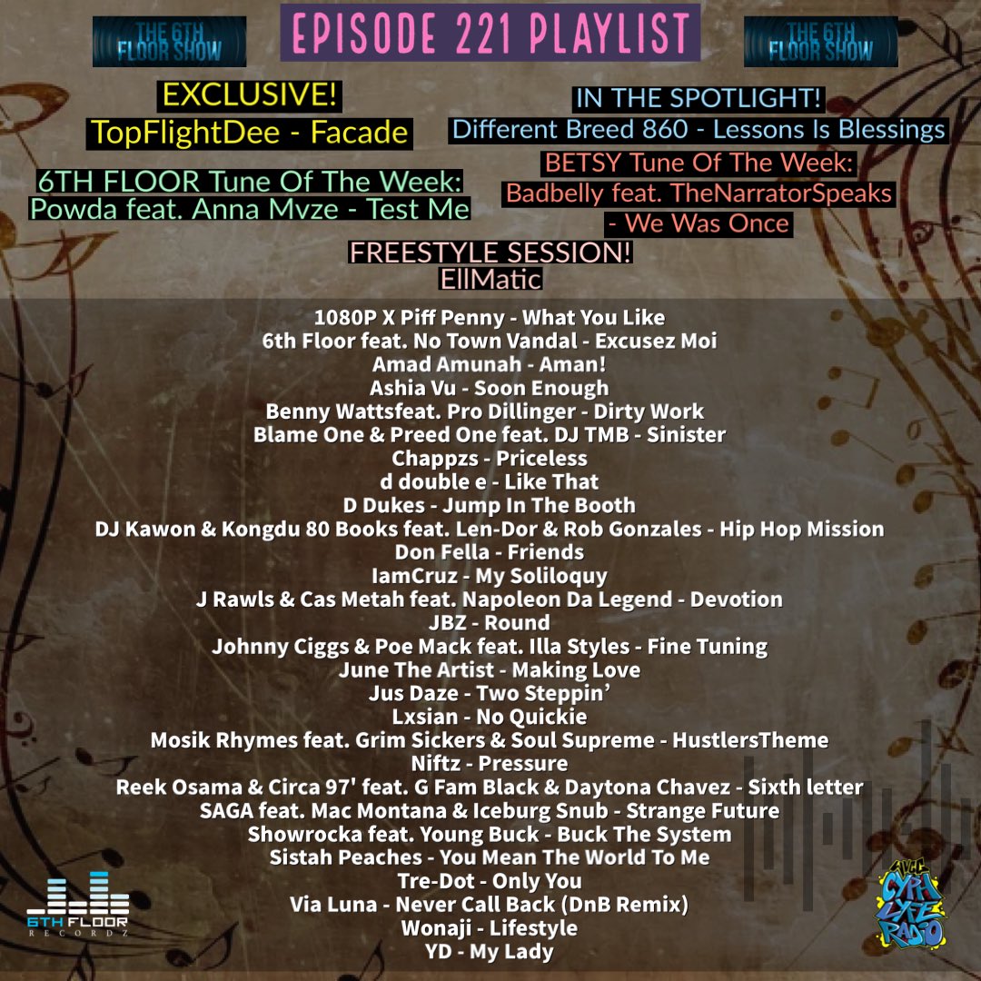 Episode 221 #ComingSoon (09/01/24) #The6thFloorShow

@JuneTheArtist_ @JusDaze @BigCiggs @poemack @illa_styles @MOSIKRHYMES @GrimSickers1 @Niftyyyyyyy @annamvze @reek_osama @GFamBlack @saga718 @iceburg_snub @ShowRock @youngbuck @TriceWhitley @BOSSTREDOT @Wonaji1 @YungDOnTheBeat