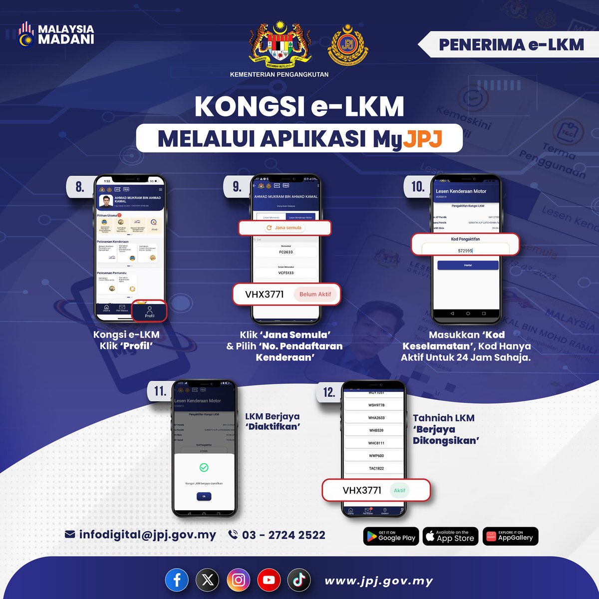KONGSI e-LKM MELALUI APLIKASI MyJPJ Pemilik kenderaan boleh kongsi Lesen Kenderaan Motor (e-LKM) melalui aplikasi MyJPJ kepada ahli keluarga, rakan atau individu lain yang dibenarkan oleh pemilik kenderaan.-@JPJ_MALAYSIA 'Yang Sahih di Berita RTM' #RTM #BeritaRTM #MalaysiaMADANI
