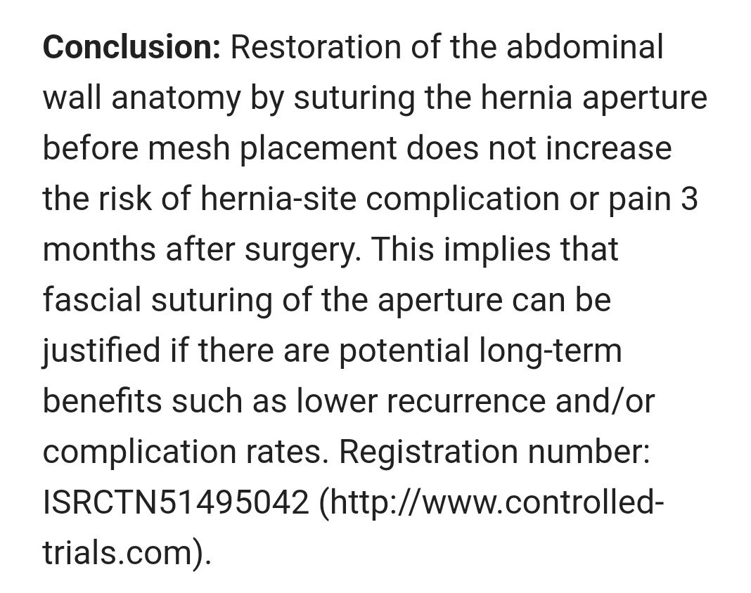 eurohernias's tweet photo. https://t.co/Ms3s2dP6As Laparoscopic #VHR: early follow-up of a #RCT of primary fascial closure before mesh placement.

#HerniaSurgery #IPOMplus #OpenAccess @BJSurgery https://t.co/xsUqtHciRY