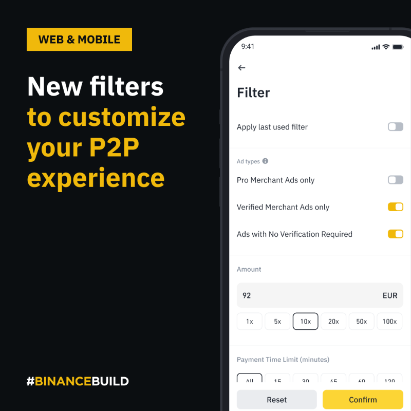 binance's tweet photo. 2024's first #BinanceBuild update brings you improvements to your P2P experience.

You can now:

🔸 Customize how you view ads with new filters
🔸 Manage P2P disputes more conveniently

Tap to try 👇