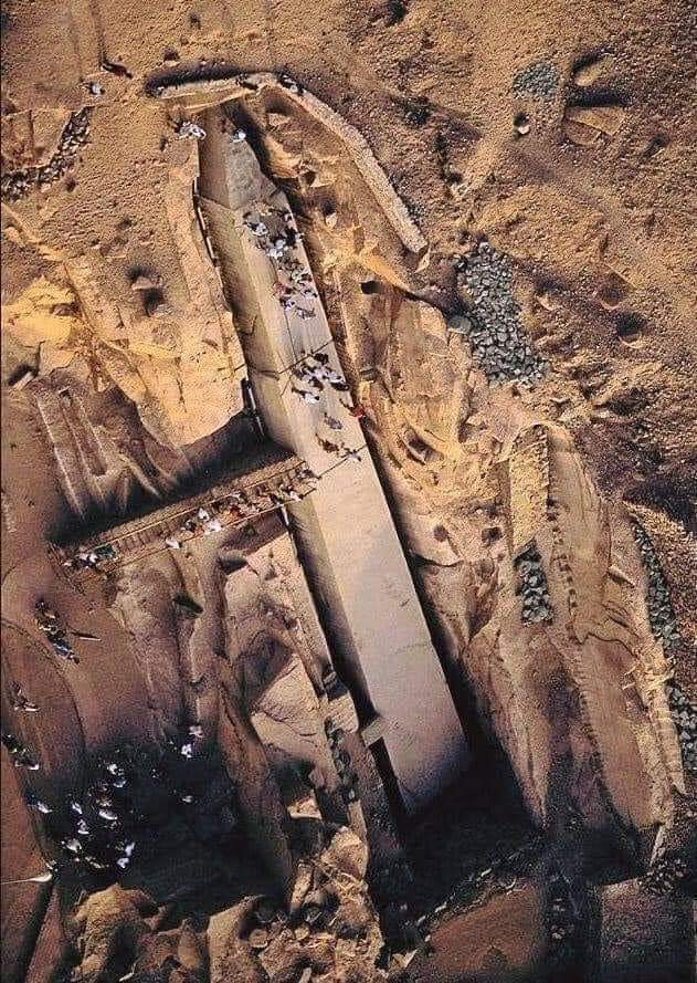 An aerial view of the 'Unfinished Obelisk' in the 3500-year-old granite quarry in Aswan, Egypt.

The unfinished obelisk is nearly one-third larger than any ancient Egyptian obelisk ever erected. This obelisk, which is 25m long today, if it had been finished by the ancient