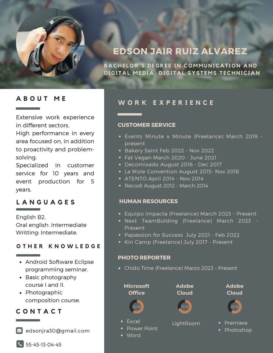 Gente!
Requiero de su apoyo por si saben de algun trabajo de fotógrafo, edición fotográfica,edición de video, gestión de redes o atención al cliente. 
Dejo mi CV y portafolio
flickr.com/photos/1989489… 
*Se agradece el RT