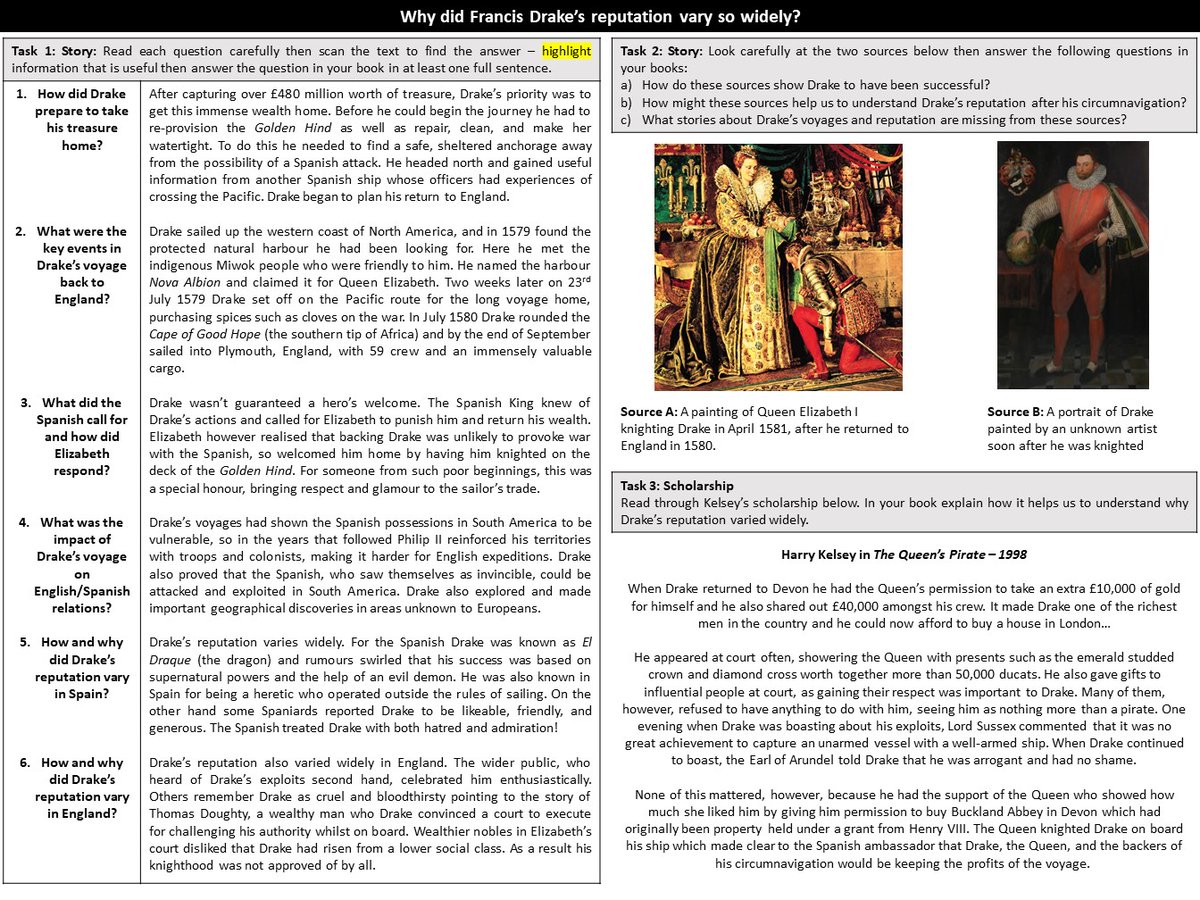 Putting the final touches to our short scheme of work covering the AQA site study of Drake's circumnavigation, this time with a focus on Drake's reputation in a revised Story, Sources, Scholarship enquiry. Have enjoyed joint planning this unit with @MissMiltonHist!