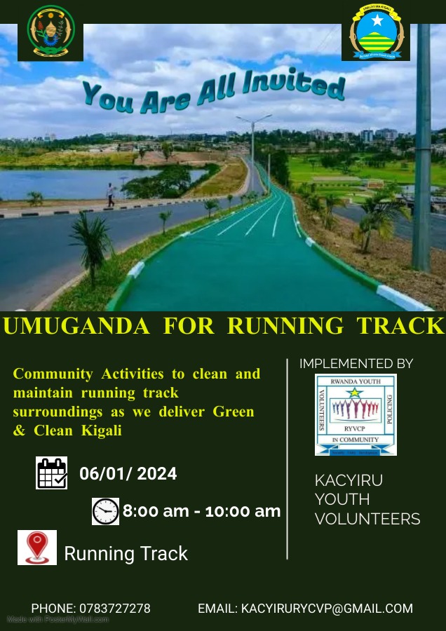Ejo kuwa 06/01/2024 <a href="/RwandaYouthVol1/">Rwanda Youth Volunteers</a> mu <a href="/Kacyirusector/">Kacyiru Sector</a> hateganyijwe igikorwa cy'umuganda udasanzwe uzabera kuri  Running Track  <a href="/Gasabo_District/">Gasabo District</a> <a href="/RYVCP_Gasabo/">GASABO YOUTH VOLUNTEERS</a> <a href="/KubanaRichard/">Kubana Richard</a> <a href="/1Urujeni/">Urujeni Gertrude 1</a> <a href="/CityofKigali/">City of Kigali</a>
