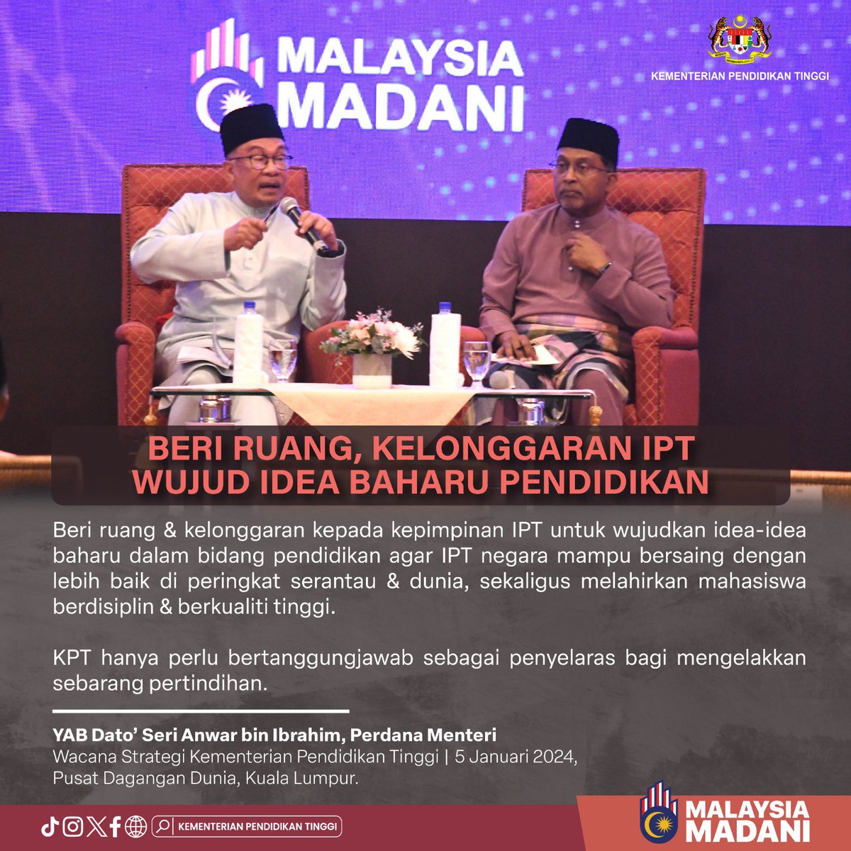 MOHEOfficial's tweet photo. [INFOGRAFIK] BERI RUANG, KELONGGARAN IPT WUJUD IDEA BAHARU PENDIDIKAN

Beri ruang &amp; kelonggaran kepada kepimpinan IPT untuk wujudkan idea-idea baharu dalam bidang pendidikan agar IPT negara mampu bersaing dengan lebih baik di peringkat serantau &amp; dunia, https://t.co/gsBVOuHr39