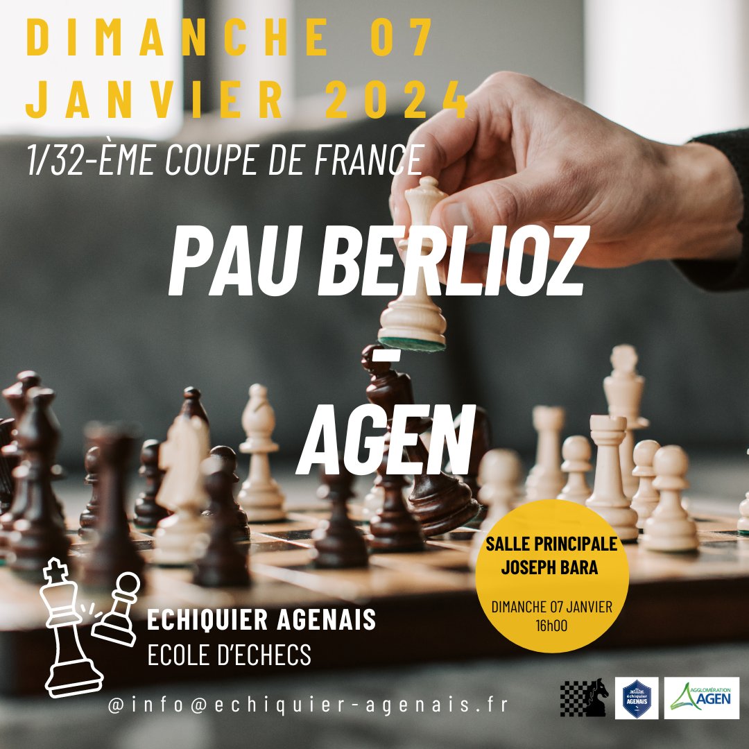 agen_echecs's tweet photo. #2024 - Bonne et Heureuse année à tous ! Un w.e de reprise débute à l' Echiquier Agenais, nous fêterons les Rois demain avec l'organisation du 3-ème Rallye-des-Rois à 9h15 + un rassemblement convivial à 16h !
Dimanche notre équipe de Coupe affrontera Pau-Berlioz 🏆 #AllezAgen ! https://t.co/PrmwSkvpi2