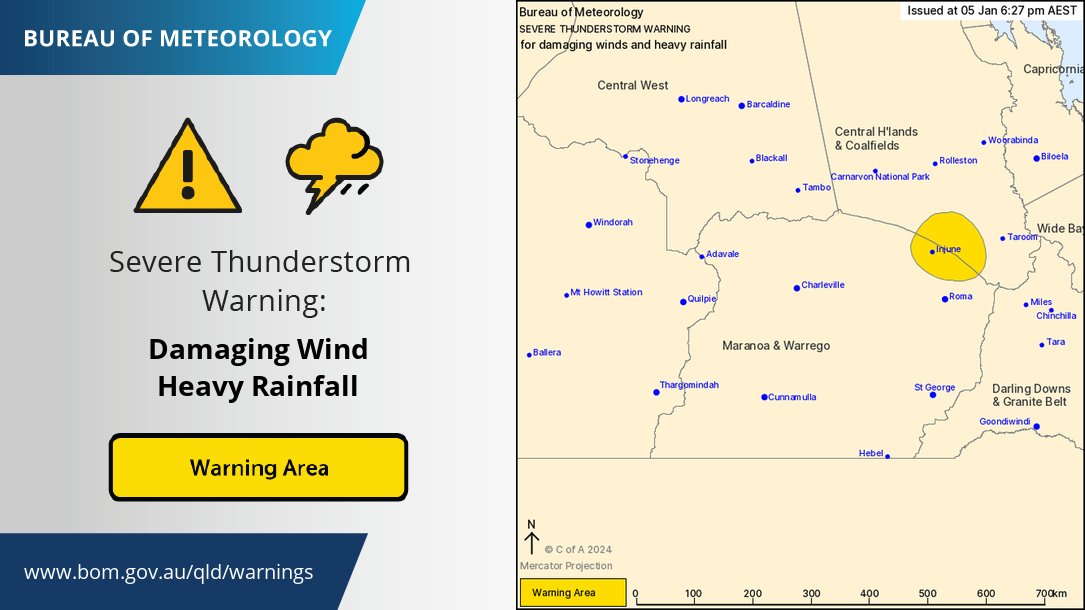 BOM_Qld's tweet photo. ⚠️🌩️ A Severe Thunderstorm Warning has been issued for damaging winds and heavy rainfall for #Injune and surrounding areas. For details see https://t.co/6QK61UgGpJ or the BOM App https://t.co/8eouUsVjGC