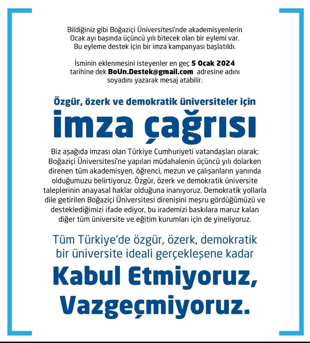 hacerfoggo's tweet photo. Siz de imzalayın, arkadaşlar hocalarımızı, öğrencileri yalnız bırakmayın, bugün son gün #BoğaziçilileriDestekliyoruz https://t.co/lHvxtre91H