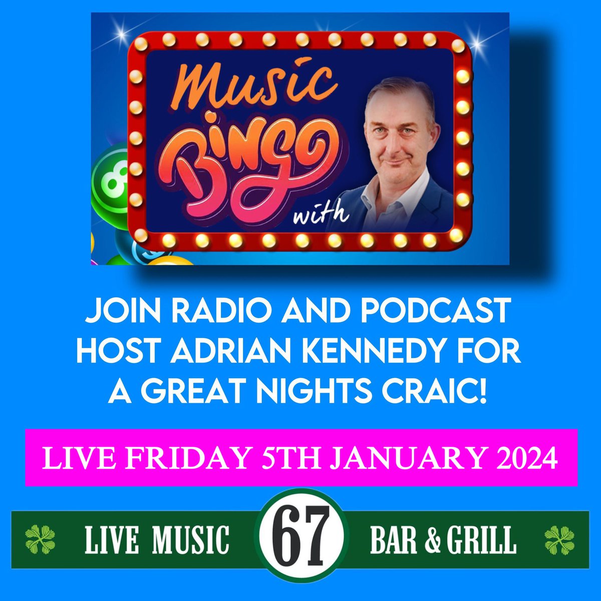 Tonight at Bar 67, Music Bingo with Irish Radio Host Adrian Kennedy. Get in early for a seat. Food Served til 9:30pm 🎶🎤🇮🇪