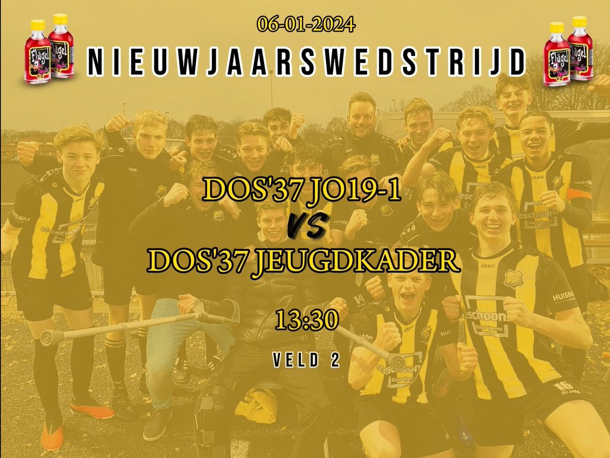 DOS37JO19_1's tweet photo. Nieuwjaarswedstrijd:

Zaterdag 6 januari is om 13:30 uur de traditionele wedstrijd DOS'37 JO19-1 tegen het jeugdkader van DOS’37. 
Van een oudejaarswedstrijd is deze wedstrijd gewijzigd in een nieuwjaarswedstrijd.

https://t.co/7GCosMJDER https://t.co/gf1Q8DMw4u
