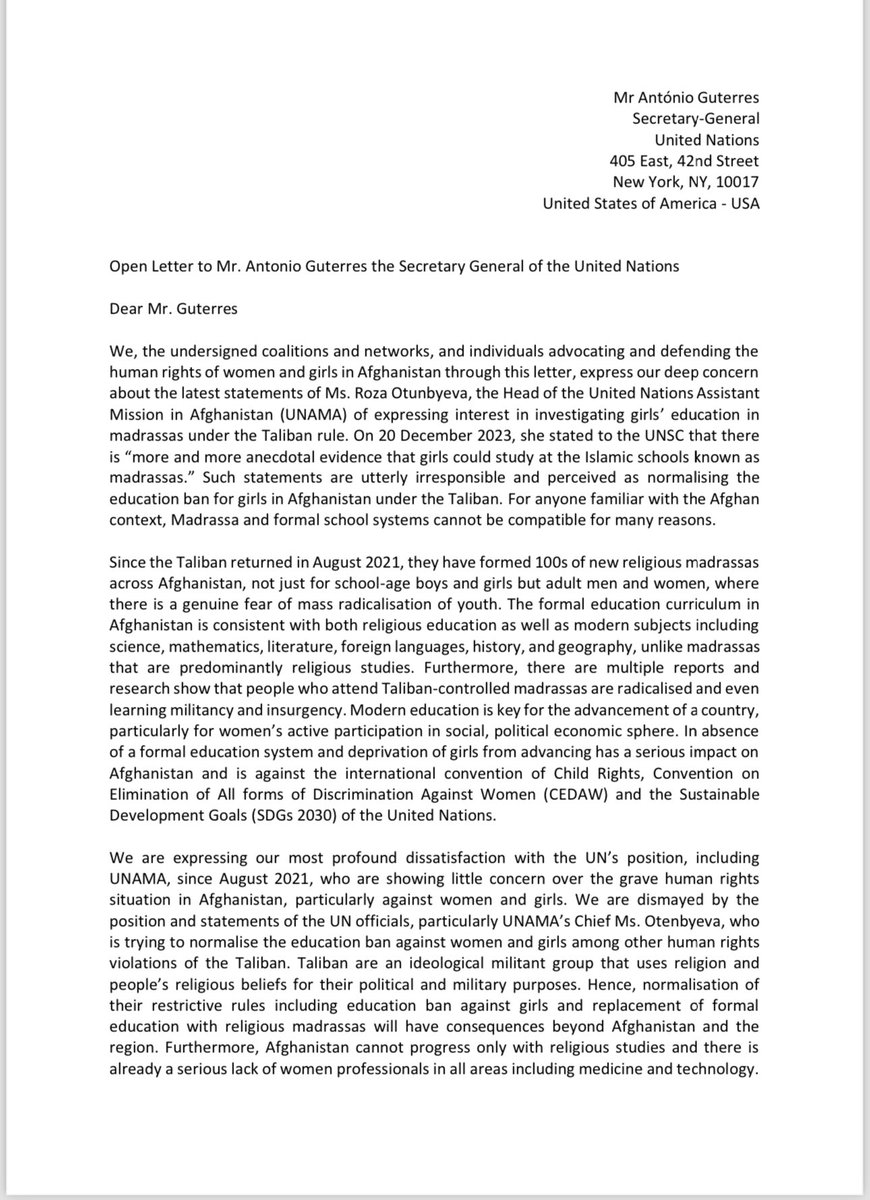 AFG_CPD's tweet photo. 170 organisations, including ACPD, and individuals signed this open to @antonioguterres : 

“The situation in Afghanistan is highly complex as a result of nearly half a century of armed conflict, meddling of other countries, including our neighbours, suffering from the worst form of environmental, humanitarian and human rights crisis and gender persecution, and being the only country in the world where girls are banned from education and women from work and governed by a group that is systematically persecuting women and girls because of their gender which amounts to Gender Apartheid, requires a strong UN presence and stronger UNSG representative with true commitment to the UN's core principles.”

@heatherbarr1 @SR_Afghanistan @SE_AfghanWGH