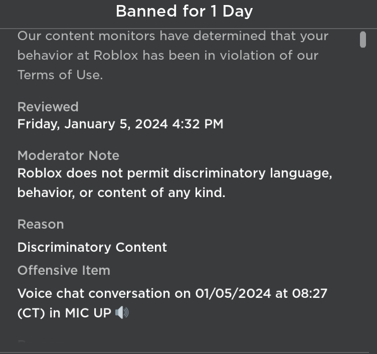 alkalynix's tweet photo. i got banned on roblox for a day cuz i may have accidentally cursed but 😭😭😭 https://t.co/wvsYM3OHUa