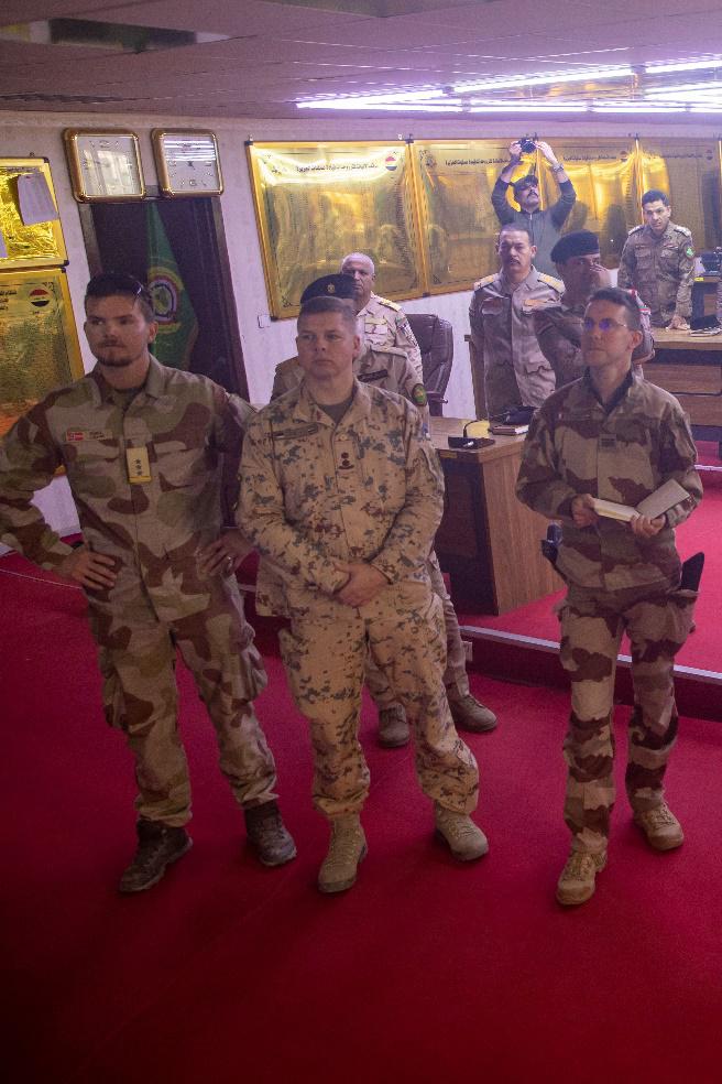Members of the Military Advisory Group conduct a key leader engagement at the Jazeera Operations Command, Al Asad Air Base Iraq, Jan. 2, 2023. The purpose was to strengthen relations and discuss training opportunities which help partner forces prevent Daesh resurgence.