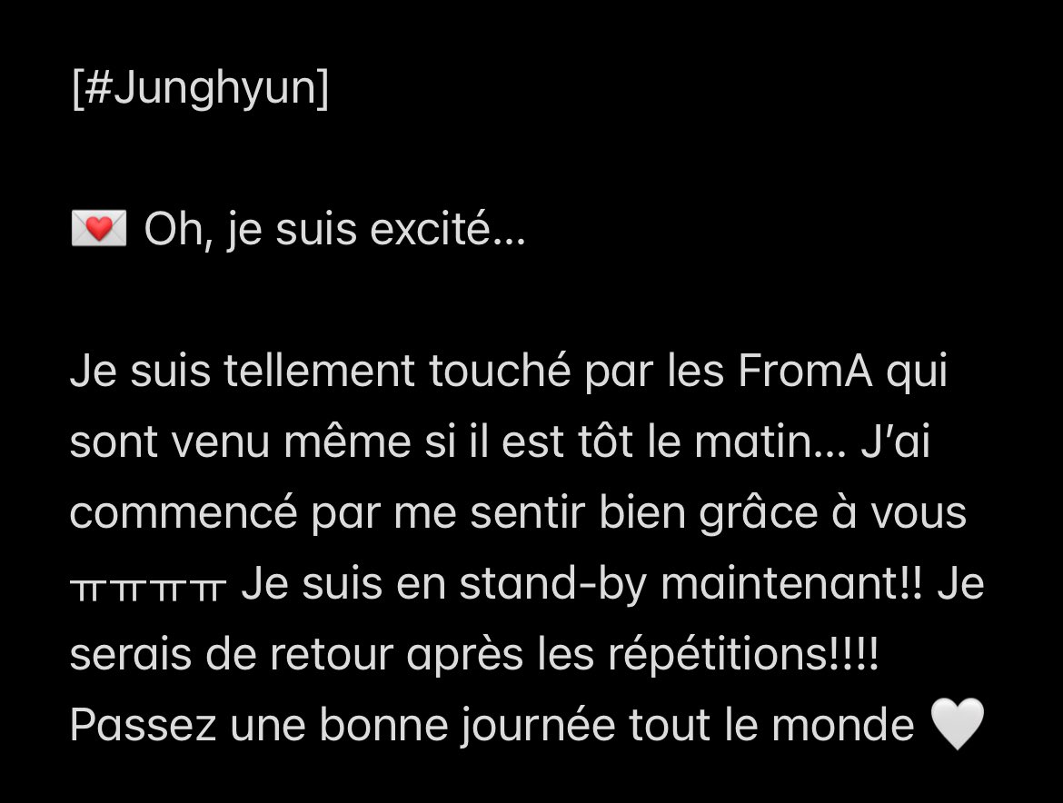 2zFrance_'s tweet photo. [#Junghyun]

💌 Oh, I’m excited…

I'm so touched by the FromA who came even though it's early in the morning... I started off feeling good thanks to youㅠㅠㅠㅠ I'm on standby now!! I'll be back after rehearsals!!!! Have a great day everyone 🤍

- (fr)
#2Z #투지 #2Zband #FromA https://t.co/UN7sFuBUB0