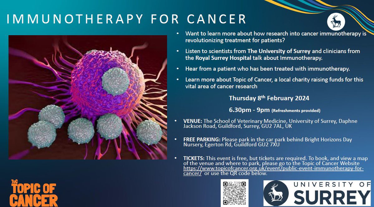 Would you like to learn more about how scientists and clinicians are using our own immune systems to fight cancer? Come and listen to scientists from The University of Surrey and doctors from the Royal Surrey Hospital talk about Immunotherapy.