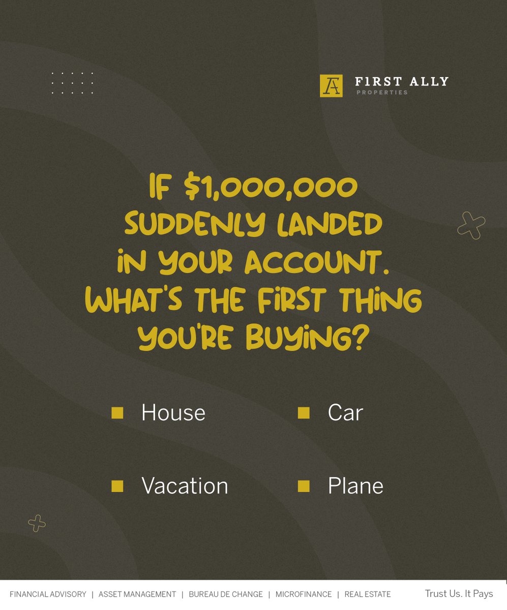 FA_Properties's tweet photo. Happy first Friday of the year! Imagine waking up to a notification of 1 million dollars in your account. What's your first buy? A new home, a car, a lavish vacation, or maybe a plane? Share your pick in the comments below!
#FirstAllyProperties #FridayFun https://t.co/YRmSMx3CW0